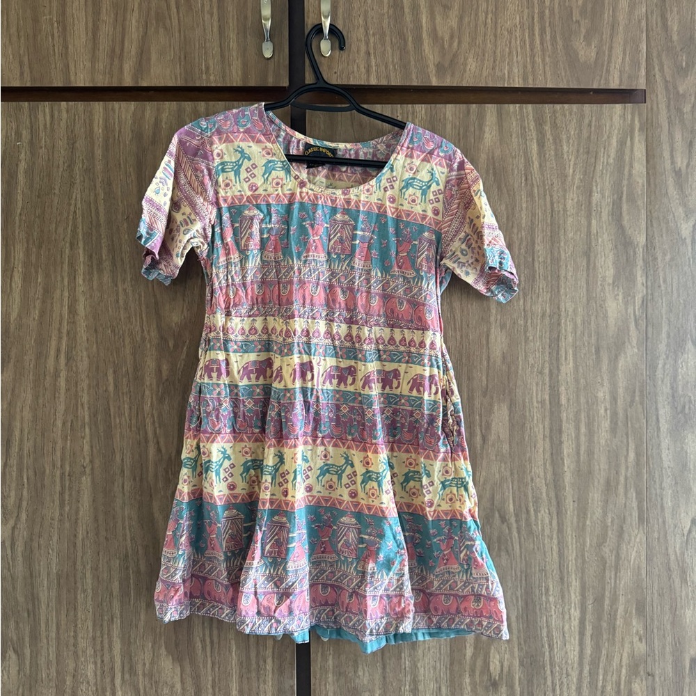 Vintage 1970’s Indian Imports Boho/ Elephant Print Quart Sleeve Dress
